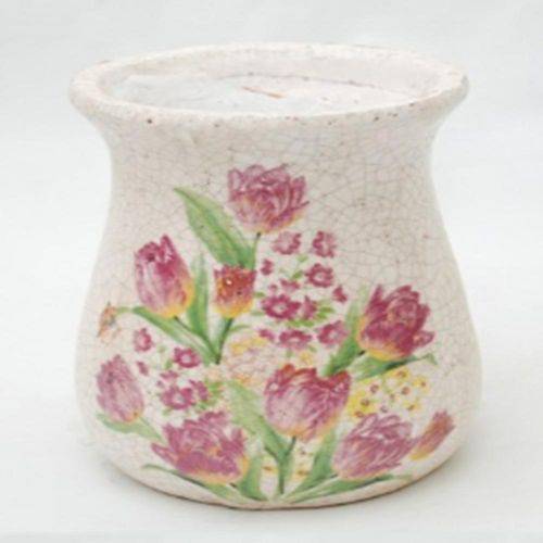 Cachepot em Cerâmica C/ Desenho de Flores Modelo 03