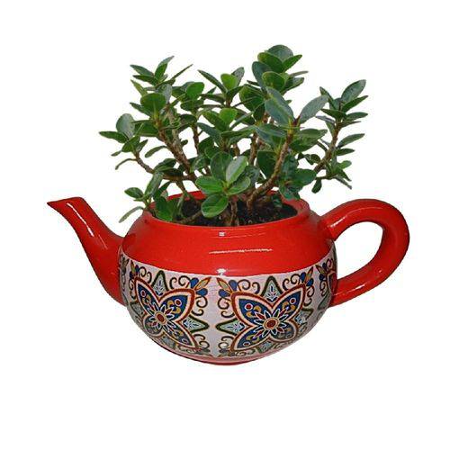Cachepot, Vaso Decorativo 27cm de Cerâmica Teapot Floral Vintage Vermelho Urban - H40408