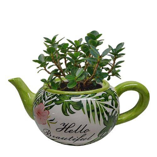 Cachepot, Vaso Decorativo 27cm de Cerâmica Teapot Green Leaves Verde Urban - H40393