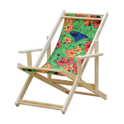 Cadeira Espreguiçadeira Dobrável Madeira Maciça Natural com Tecido Araras - Móveis Brasil