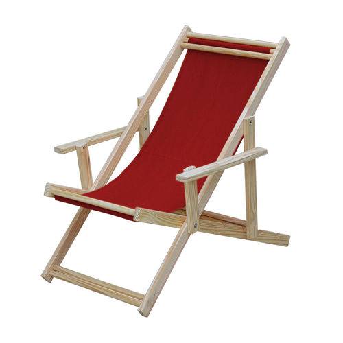 Cadeira Espreguiçadeira Dobrável Madeira Maciça Natural com Tecido Vermelho - Móveis Brasil