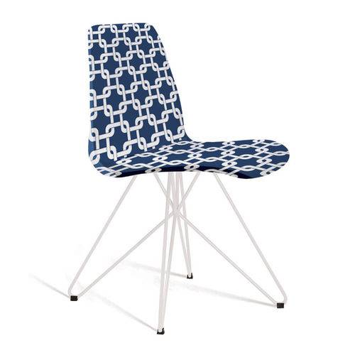 Cadeira Estofada Eames com Pés de Aço Branco - Azul/branco