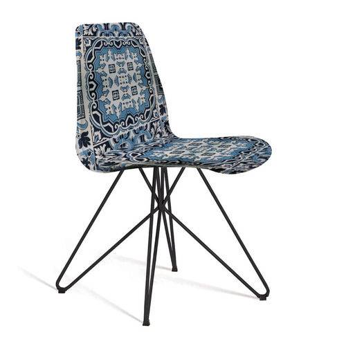 Cadeira Estofada Eames com Pés de Aço Preto - Azul/branco