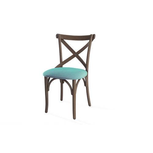 Cadeira Jantar de Madeira Estofada Madeleine - Stain Nogueira - Tec.950 Azul Tur
