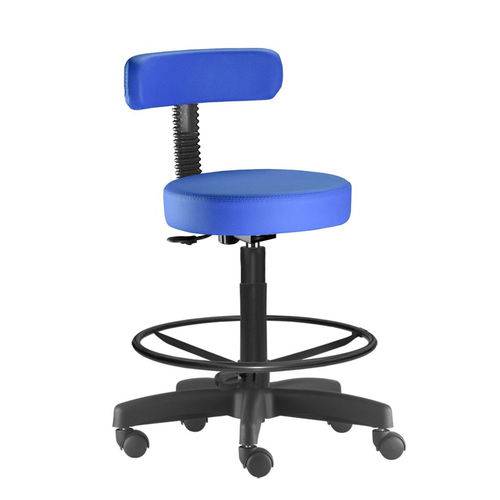 Cadeira Mocho em Couro Ecológico Azul com Apoio para os Pés para Clínica Base Preta