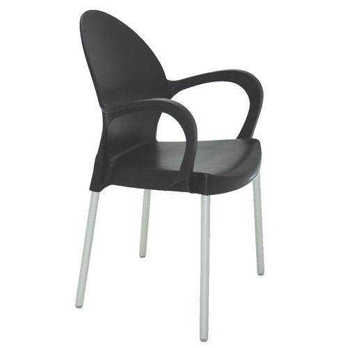 Cadeira Plastica com Bracos Grace Preta com Pernas de Aluminio Anodizado