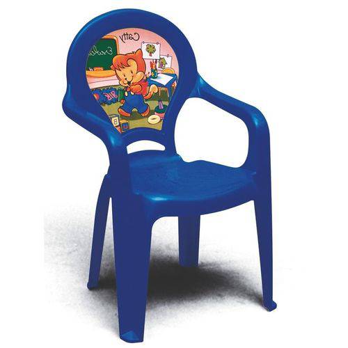 Cadeira Plastica Monobloco com Bracos Infantil Catty Azul com Decoracao In Mold