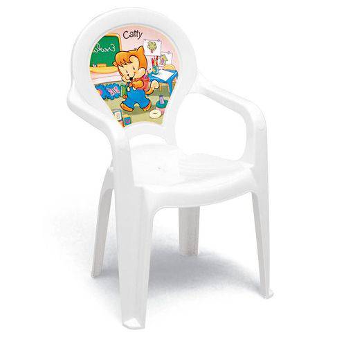 Cadeira Plastica Monobloco com Bracos Infantil Catty Branca com Decoracao In Mold