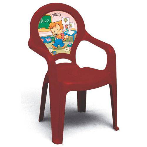 Cadeira Plastica Monobloco com Bracos Infantil Catty Vermelha com Decoracao In Mold