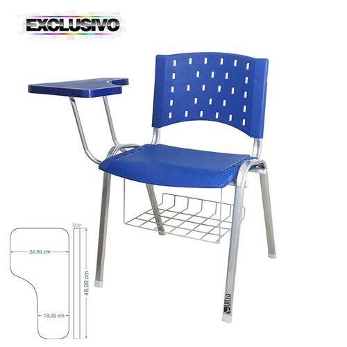 Cadeira Universitária AZUL Estrutura Prata Prancheta Plástica com Porta Livros - ULTRA Móveis