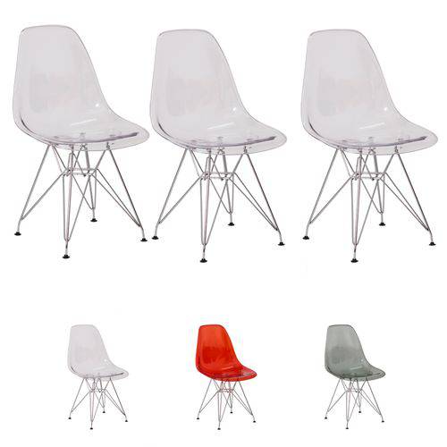 3 Cadeiras Eiffel Eames Dsr Transparente Base Cromada Várias Coress - (transparente)