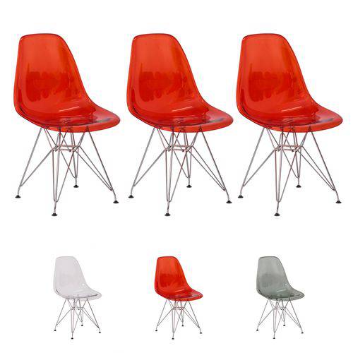3 Cadeiras Eiffel Eames Dsr Transparente Base Cromada Várias Coress - (vermelha)