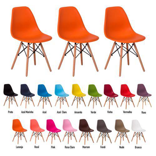 3 Cadeiras Eiffel Eames Dsw Base Madeira Várias Cores - (laranja)