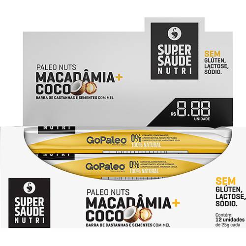 Caixa com 12 Barras Paleo Nuts Macadamia + Coco - Super Saúde Nutri