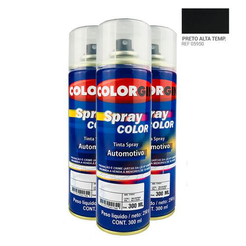 Caixa com 3 UN Tinta Spray Automotiva Colorgin Preto Alta Temperatura 300mL