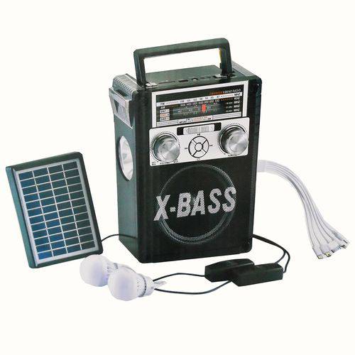 Caixa de Som Bluetooth com Painel Solar Usb Fm Power Bank com Kit Placa Solar com Bateria e 2 Lampad
