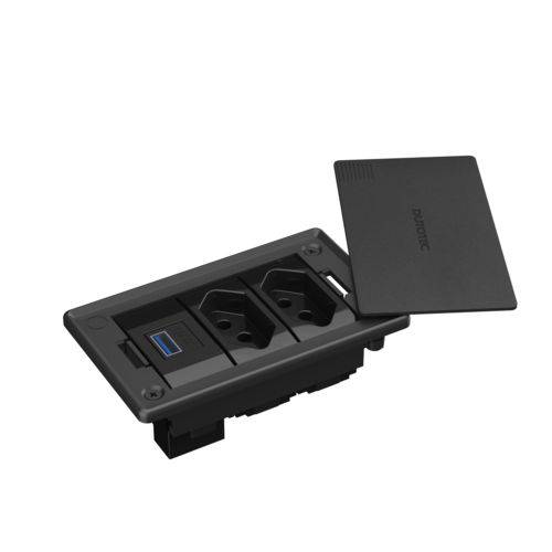 Caixa de Tomada Embutir para Mesa com 2 Tomadas + 1 USB - Preta