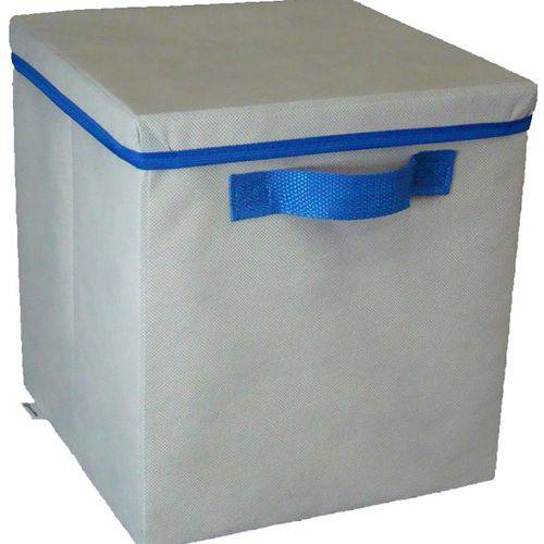 Caixa Organizadora de Tecido OrganiBox Bege/azul C/ Alça e Tampa de 28x31x28cm