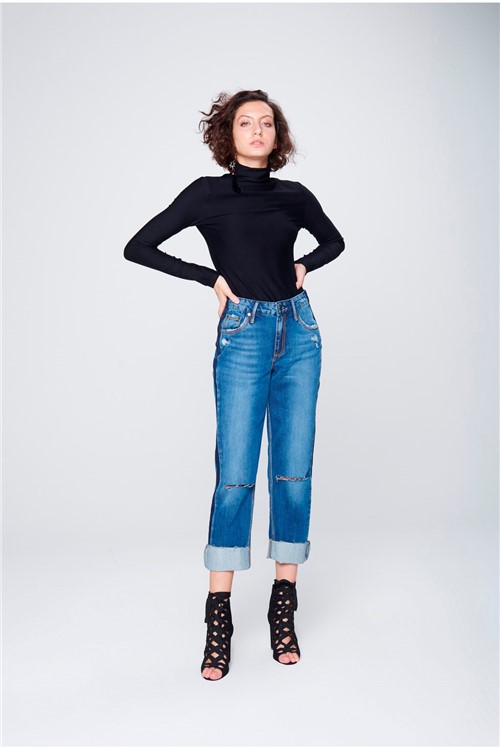 Calça Cropped Jeans Patch Lateral