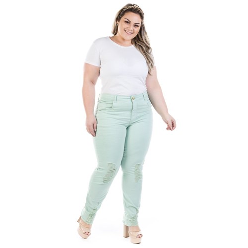 Calça Feminina Jeans Cigarrete Color Destroyed Plus Size