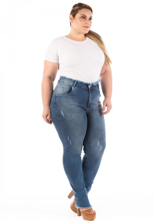 Calça Feminina Jeans Skinny Cós Desfiado Plus Size