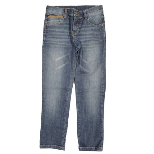 Calça Infantil Menino Jeans Tradicional C/Detalhe Couro Caramelo Bolso 6