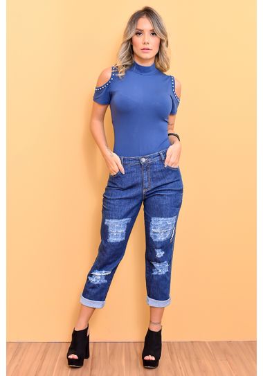 Calça Jeans Cintura Média Super Detonada Azul 36