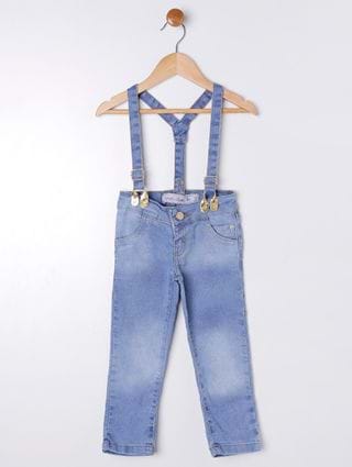 Calça Jeans com Suspensório Infantil para Menina - Azul