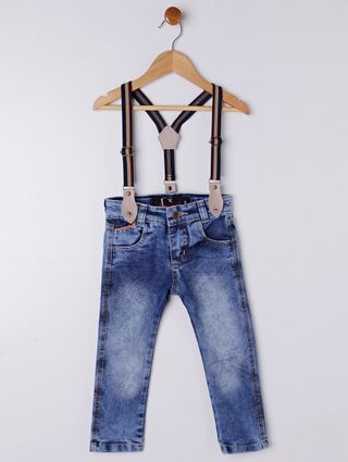 Calça Jeans com Suspensório Infantil para Menino - Azul