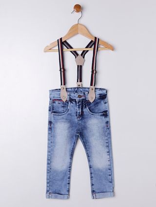 Calça Jeans com Suspensório Infantil para Menino - Azul