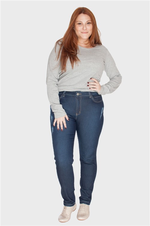 Calça Jeans Skinny Puídos Plus Size AZUL ESCURO-46