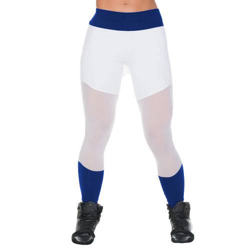 Calça Legging Fitness com Recorte em Tule Azul e Branco Dily Modas
