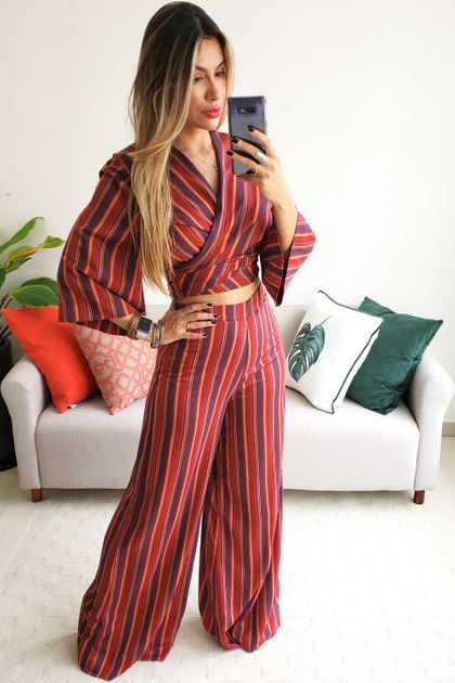 Calça Pantalona Dress To Estampa Listra Peru - Vinho