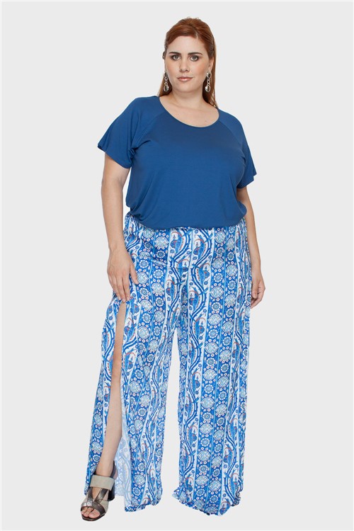 Calça Pantalona Seda Estampada Plus Size Azul-48/50