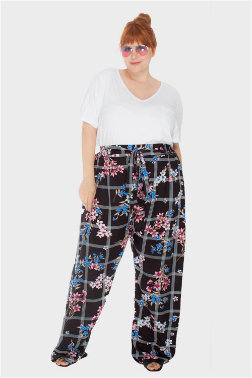 Calça Pantalona Xadrez Floral Plus Size Preto-48