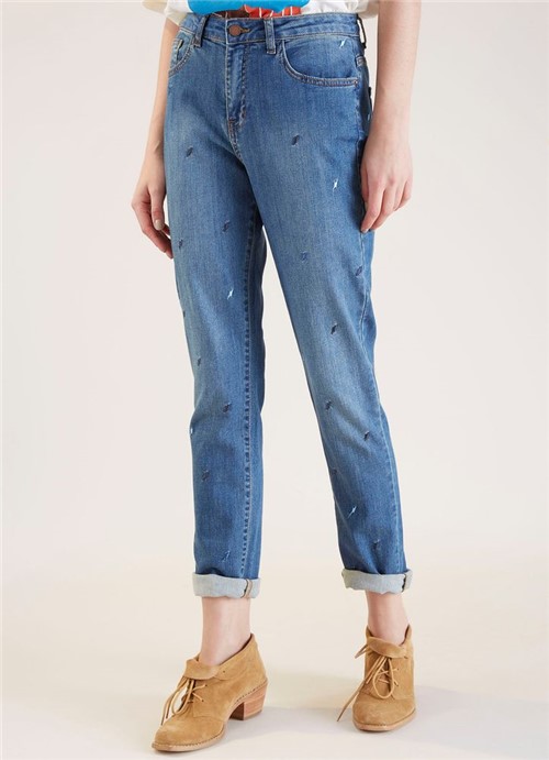 Calça Reta Bordado Raios Jeans 34
