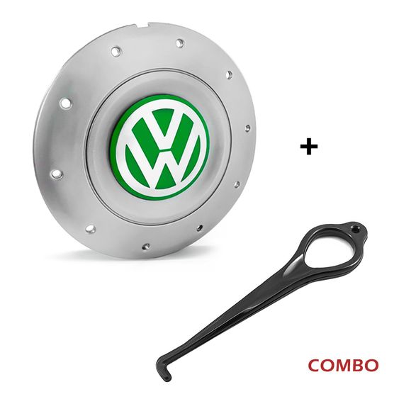 Calota Centro Roda Ferro VW Amarok Aro 13 14 15 4 Furos Prata Emblema Verde + Chave de Remoção