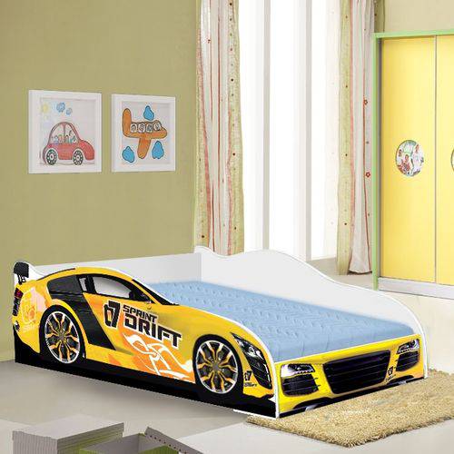 Cama Infantil Carro Drift 150x70 Cm com Colchão - Amarelo / Branco - Rpm Móveis