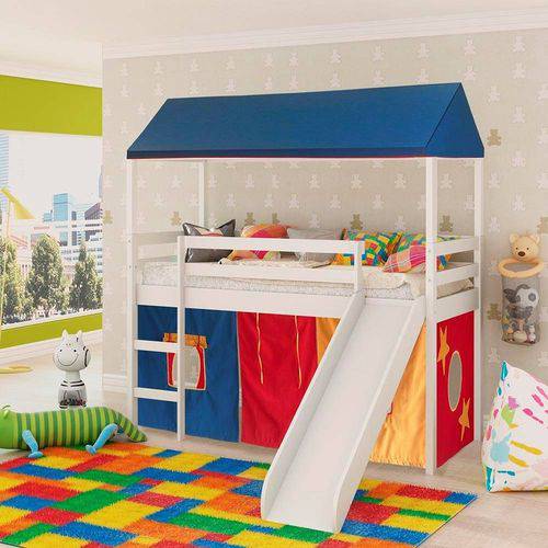 Cama Infantil com Escorregador e Tenda Multicores com Telhado Completo e Tecido Azul - Casatema