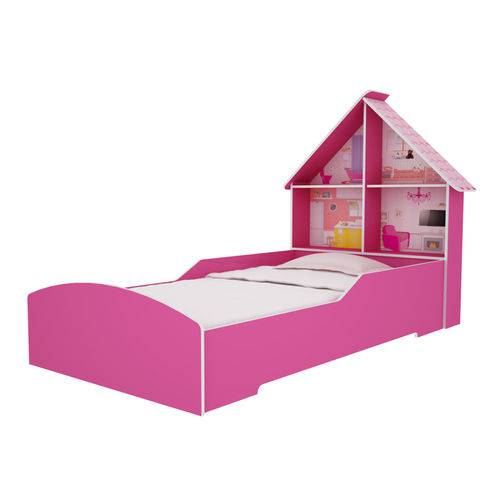 Cama Infantil com Proteção Lateral e Cabeceira Casinha Gelius Móveis Rosa