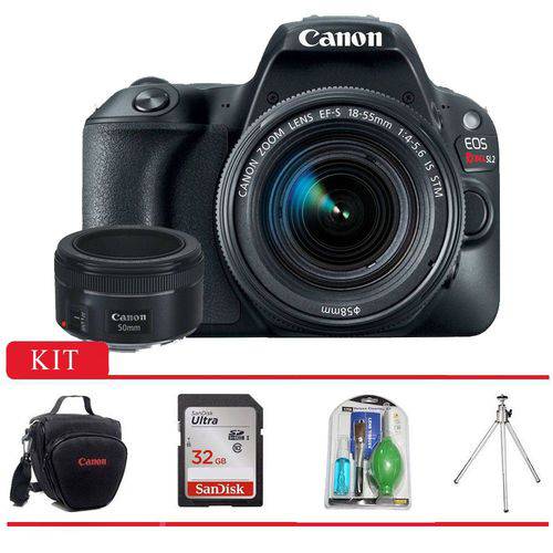 Câmera Canon SL2 com Lente EF-S 18-55mm, EF 50mm F/1.8, Bolsa Canon, Tripé, Cartão 32gb e Kit Limpeza