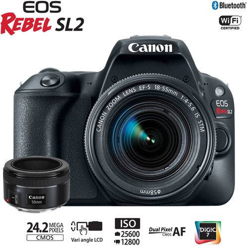 Câmera Canon Sl2 com Lentes Ef-s 18-55mm e Ef 50mm F/1.8