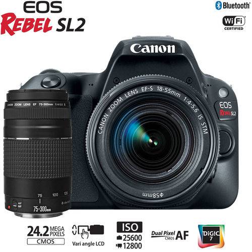 Câmera Canon Sl2 com Lentes Ef-s 18-55mm e Ef 75-300mm