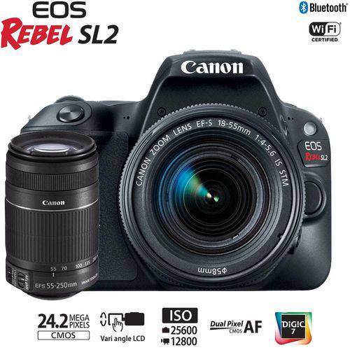 Câmera Canon Sl2 com Lentes Ef-s 18-55mm e Ef-s 55-250mm