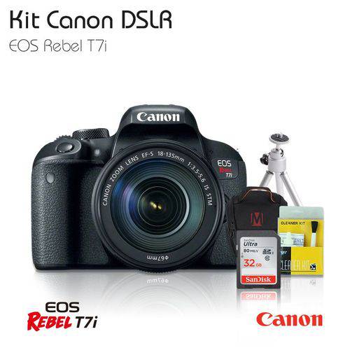 Câmera Canon T7i 18-135mm, Tripé Mesa, C.32GB, Bolsa MasterTronic, Kit Limpeza