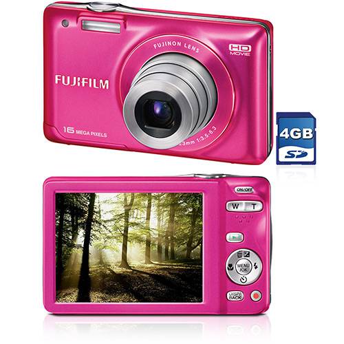 Câmera Digital JX580 (16MP) Rosa C/ 5x de Zoom Óptico, Filma em HD, LCD de 3.0", Foto Panorama, Sensor - CCD + Cartão SD 4GB - Fuji