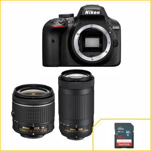 Câmera Nikon D3400 + 18-55mm F/3.5-5.6G VR + 70-300mm AF-P