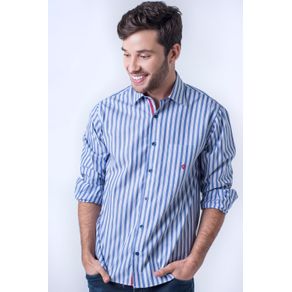 Camisa Casual Masculina Tradicional Algodão Fio 50 Azul Médio F01177a 01