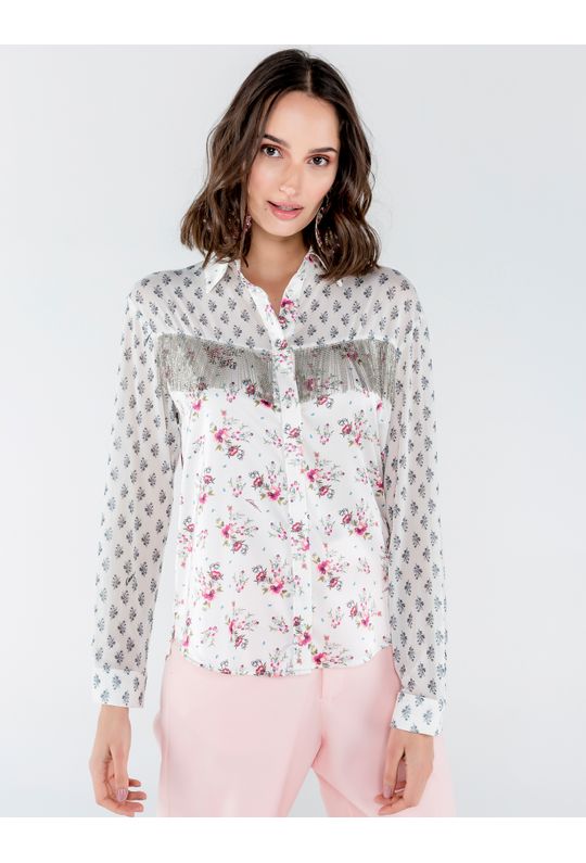 Camisa de Cetim e Tule Estampa Mix Floral com Bord - P