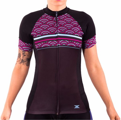 Camisa de Ciclismo Montop DX3 - Feminina - Preta / Rosa / Azul
